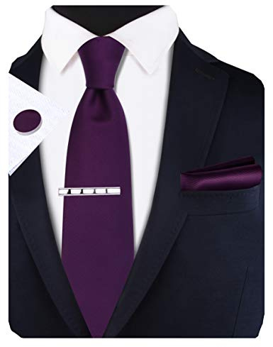 GUSLESON Men's Solid Ties for Men Dark Purple Fashion Tie Clip Necktie and Pocket Square Cufflinks Sets (UK6101-04)