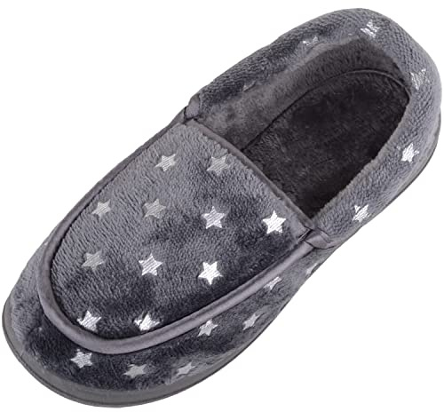 ABSOLUTE FOOTWEAR Lätt att dra på sig mjuk bred passform mockasin stil stjärna design tofflor, Grå, 36 EU