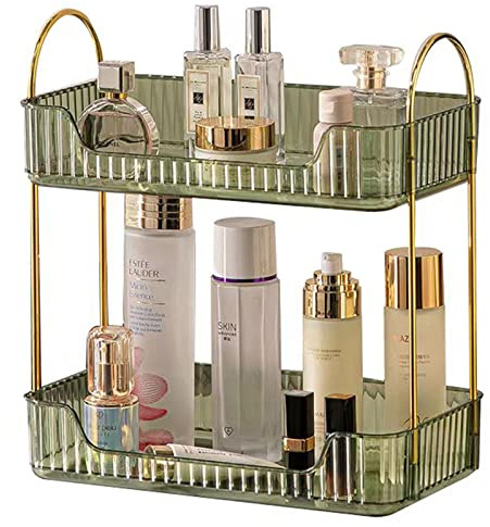 shuang qing Bathroom Counter Organizer Countertop Storage, Cosmetics Skincare Shelf, Makeup Organizer Perfume for Dresser Vanity Tray, Spice Rack for Kitchen(2 Tier-Green)