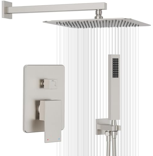 Gabrylly Shower System Brushed Nickel, Rain Shower head with handheld Shower Spray Combo, Rainfall Shower Faucet Set Complete, High Pressure 10 Stainless Steel Shower Valve Set