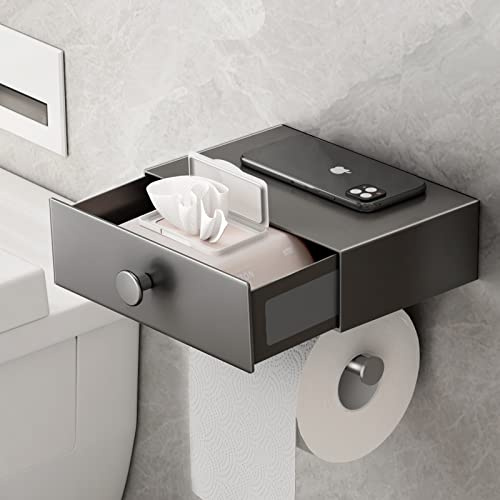 VOLDRA Toalettpappershållare Väggmonterad, Med Låda, Självhäftande Hållare Hygienisk Papper Badrum Toalettrulle Förvaring Toilet Paper Holder (Grå)