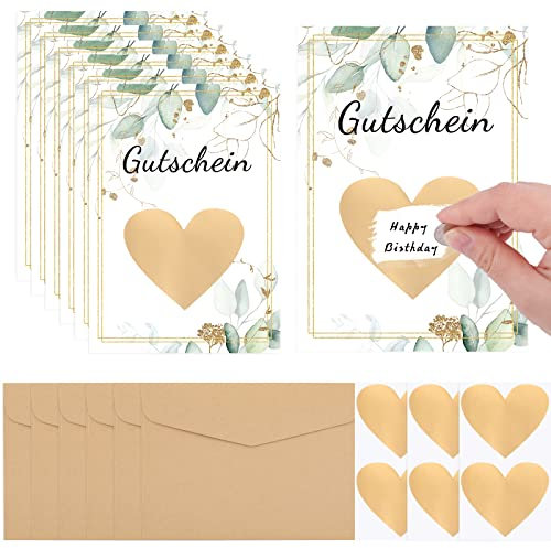 Svalor DIY Rubbelkarten mit Umschlägen Set, 6 Stück Rubbelkarten Selbst Beschriften, mit 6 Kraftpapier Umschläge, und 3 Herzform Kratzfilm, für Geburtstag, Party, Hochzeit etc.