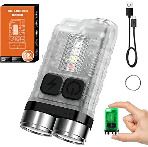 TKMARS Llavero Linterna Mini Bolsillo Recargable 900LM Luz de Flash LED con Luz UV Linterna EDC con Imán IP65 Impermeable para Acampar Senderismo Emergencia Uso al aire Libre e Interior (Blanco)