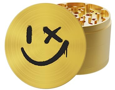 GRINDNATION Premium Grinder Crusher 'Smiley' | Gold | ø 63mm groß | messerscharfes Mahlwerk | Starker Magnet | 4-teilig | Set inkl. Beutel, Schaber & Pinsel