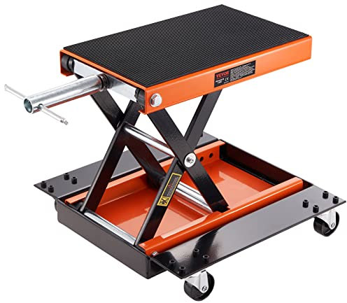 VEVOR Motorcycle Lift, 500 kg Motorcycle Lift ATV Scissor Lift Jack with Dolly & Hand Crank, Center Hoist Crank Stand with Wide Deck & Tool Tray for Street Bikes, Cruiser Bikes, Touring Motorcycles