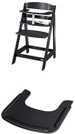 roba Babyhochstuhl Sit Up Flex - Mitwachsender Hochstuhl aus Holz - Verstellbarer Kinderhochstuhl mit Schrittgurt - ab 6 Monaten bis 70 kg - Schwarz + roba Essbrett schwarz