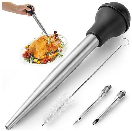 FUBESK Stainless Steel Turkey Baster for Cooking- Turkey Baster with Silicone Suction Bulb - Includes 2 Detachable Needles and Cleaning Brush
