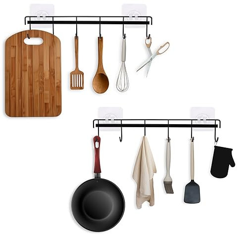 KALIONE 2 Pack Wall Mount Utensil Rail with Adhesive Hooks - Space Saving Kitchen Hanger and Organizer for Bathroom, Livingroom - No Drilling Required