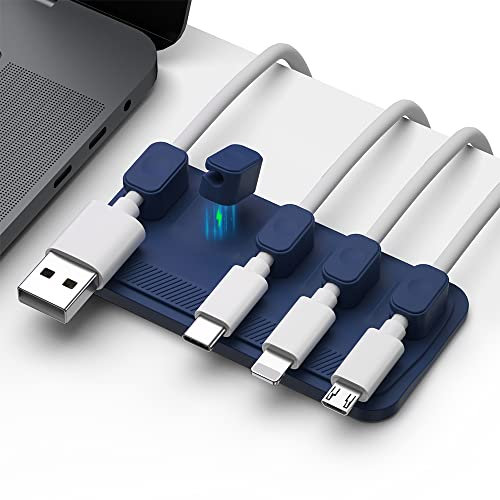 Decobay Magnetic Cable Organizer – 5 Clip Cord Holder for USB-C, Lightning, Micro USB & Audio Cables – Strong Adhesive for Desk, Office, Gaming – Works on Wood, Metal, Glass, Marble (Blue)