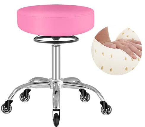 OUTMASTER Rollhocker höhenverstellbar mit Rollen -50-62cm，bis 180 kg belastbare Arbeitshocker，360° Drehhocker Hocker für Salon und Spa,aus Leder Hocker (Rosa)
