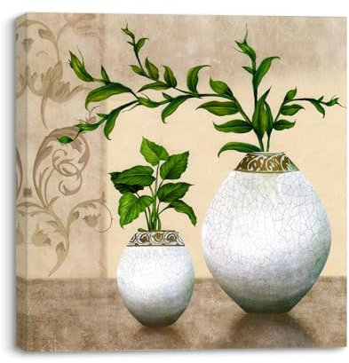 Piy Painting Leinwand Bilder Grüne Pflanzen in Vase Leinwand Gemälde Bild auf Leinwand Pflanze Moderne Wandkunst Kunstwerk mit Innenrahmen für Badezimmer Büro (1er 30X30CM)