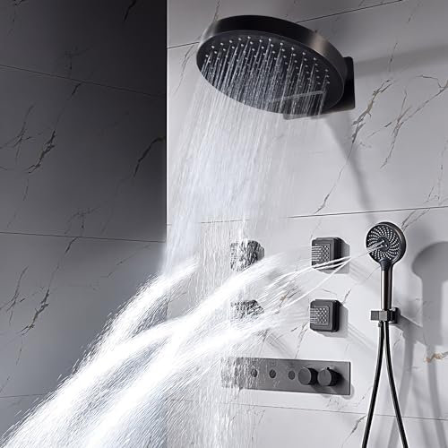 Duschsystem Unterputz Wandmontage, Unterputz Duscharmatur Set mit Regendusche 31.5cm, Unterputz Armaturen aus Hochwertig Edelstahl und Messing, Pistolengrau