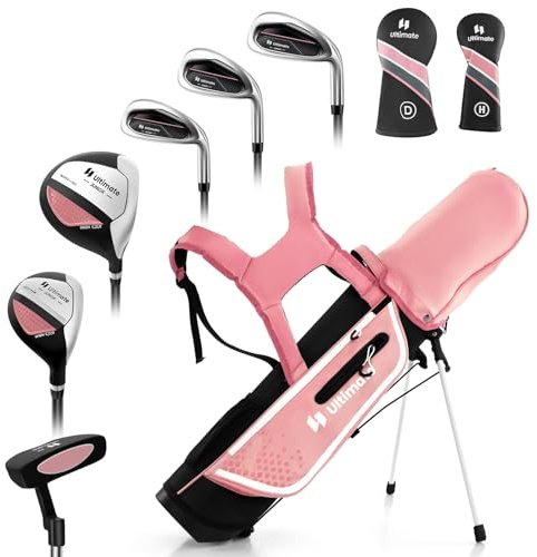 GYMAX Ensemble Clubs de Golf pour Enfants, avec Sac de Golf à Support Droit, Driver n°1, Hybride n°5, Fer n°7, n°9, S, Putter, Capuche Anti-Pluie, 2 Couvre-Clubs, Garçons & Filles 11 à 13 Ans (Rose)