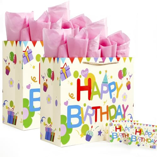 MAKIOTEKO 2 Stück 35,1 cm große Happy Birthday Geschenktüte mit Seidenpapier und Karte, Geschenktüten für Kinder, Mädchen, Frauen, Männer für Geburtstag, Babyparty, 35,1 cm