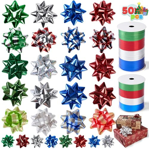 JOYIN 48-teiliges Geschenkschleifen-Sortiment mit 8 Rollen Geschenkband, Mehrfarbig, sortierte Größe, Selbstklebende Weihnachtsschleifen und Kräuselbänder für Geschenkverpackungen