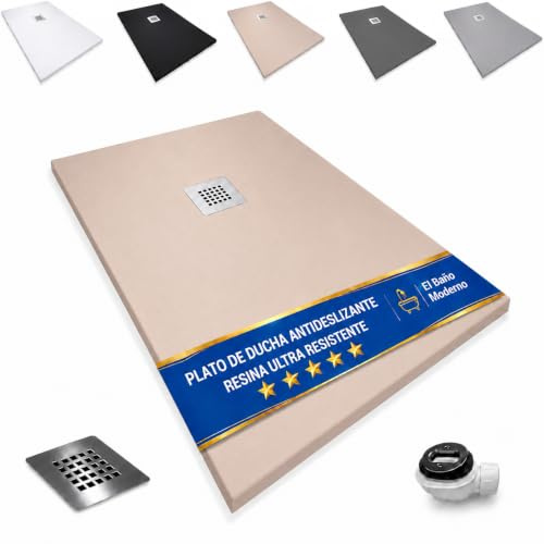 EL BAÑO MODERNO Plato Ducha 90x90CM Antideslizante Antibacteriano | Resina Resistente a Agentes Químicos · Incluye Rejilla Desagüe Ducha · Válvula Sifón · Color Beige