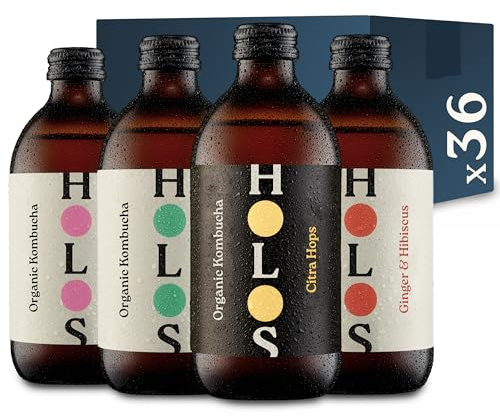 HOLOS Kombucha Drink Mixed Case - Organic Kombucha Tea - Chilled, Unpasteurised Raw Kombucha - Vegan, All-Natural Ingredients - 36 x 330ml Kombucha Bottles