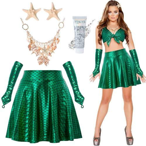 YYSWSAKY Meerjungfrau Kostüm Damen - Meerjungfrau Rock | 1 Paar Handschuhe | Seestern Shell Halskette | Body Glitter Gel | 2 Stücke Seestern Haarspangen, Karneval Kostüm Accessoires (Grün, M)