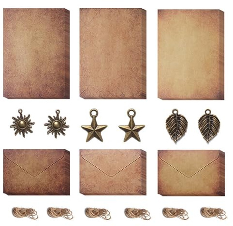 Vintage Letter Writing Paper and Envelopes Set,12 PCS Aged Paper 6 Retro Design Envelopes 6 Metal Accessories 6 Hemp Rope Retro Design Envelopes Brown Handmade Gifts for Writing Birthday Christmas