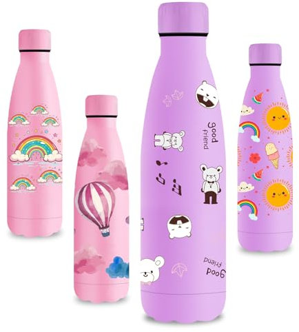 Vikastar Borraccia Termica, 500ml senza BPA, Thermos per Bevande Calde, a Prova di Perdite, Borraccia Bambini, Acciaio Inox per Scuola, Sport, Palestra, Ciclismo, Viola-Orso