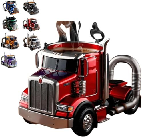 Handcrafted Truck Coffee Mug, Creative 11oz Truck-Design Coffee Cup, Semi-Lorry Espresso Mugs, Lorry Espresso Cup with Handle, Unique Gift for Lorry Lovers (Red)