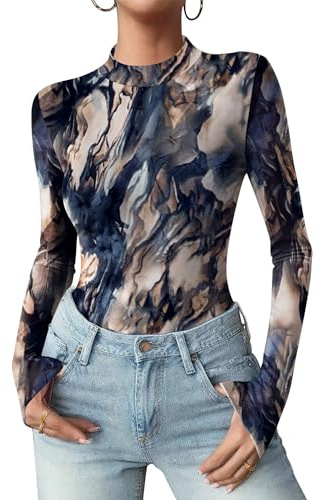 Zeagoo Womens Mesh Top Sheer Long Sleeve Tops Printed Sexy See Through Shirt Black Floral Fall Undershirt M