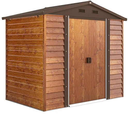 Outsunny Gerätehaus Metall-Holzoptik 3 m² 152 x 235,7 x 208,7 cm Braun | Wetterfest, Satteldach, Doppel Schiebetüren, Fenster, Gartenhaus, Geräteschuppen, Outdoor Garten Schuppen, für Hinterhof
