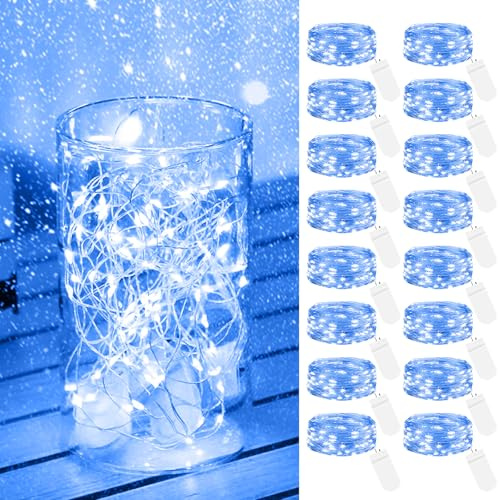 btfarm 16 Stück Lichterkette Batterie mit Klein,2M 20LED Mini Lichterketten | Silberdraht, Micro Draht, Batteriebetrieben, Wasserdichte, für Innen Weihnachten Hochzeit Party Geschenk Deko, Blau