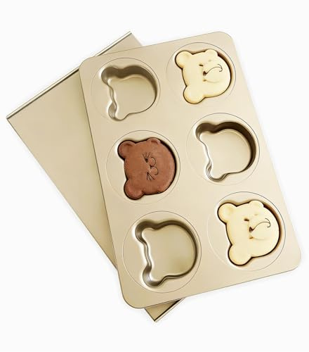 JSJMOFA 6 Cup English Muffin Pan with Sliding Lid, Bear Shaped Muffin Pans, Nonstick Carbon Steel Hamburger Bun Mold, Cute Bear Muffins Tin for Donut Sandwich Quiche Pancake