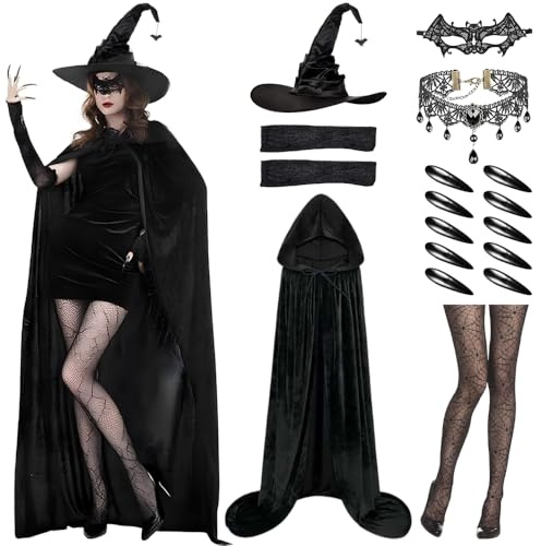 Yi'antai - Disfraz de bruja (17 piezas, disfraz de bruja, con sombrero de bruja, capa negra con mangas de encaje, máscara para los ojos (L-140 cm)