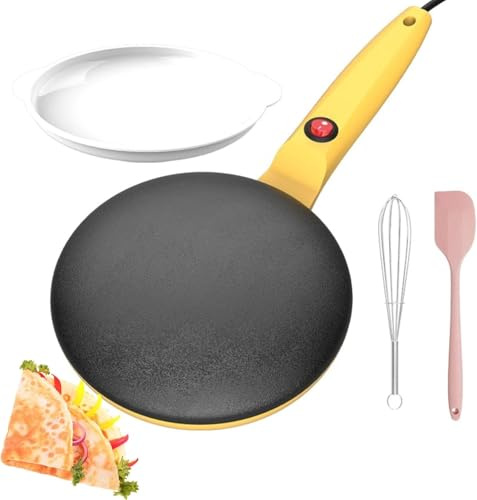 OZPPM Crepiera, Piastra Elettrica for Pancake, Piastra Antiaderente for Pancake Istantanei, Portatile, con Manico Lungo, Ciotola for Pastella, Controllo Automatico del Termostato, 8 Pollici(Yellow)