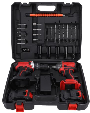 Luocute Taladro Inalámbrico y Llave de Impacto 21V, Taladro Percutor 35Nm Llave de Impacto 380Nm Motor Sin Escobillas, 2 Modos de Velocidad 25 Configuraciones de Embrague Luz LED, con 2 (Enchufe de