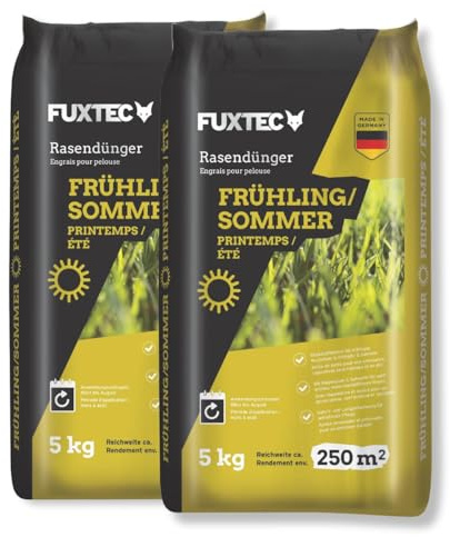 FUXTEC Abono césped primavera verano FX-RDFS10 • 10 kg hasta 250 m² • Favorece crecimiento denso y verde intenso • Liberación controlada • Ideal para mantenimiento estacional