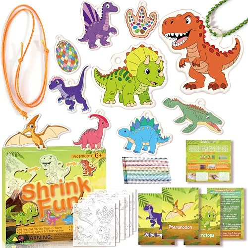 75 PC Dinosaurier Schrumpffolie Bastelset für Kinder - 24 Stück Dino-Motive mit 24 Lernkarten, 24 Perlenketten und 2 Wachsbändern - DIY Schlüsselanhänger zum Bemalen für Jungen und Mädchen ab 6 Jahren