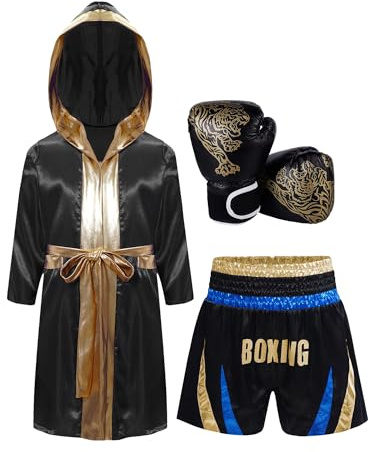 inlzdz Boxutrustning för barn, för pojkar, flickor med satincape och boxningshandskar för cosplay, dräkter, blå och guld 146-152