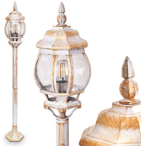 HOFSTEIN Außenstehleuchte Lentua, Außenwegeleuchte aus Metall/Kunststoff in Weiß/Gold/Klar, Wegeleuchte im Antik/Retro/Vintage-Design für Garten, Außenbereich, Hof, 120 cm, E27, IP44,