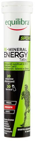 Equilibra Integratori Alimentari, Re-Mineral Energy Tabs, Integratore per Sportivi, con Aminoacidi, Sali Minerali, Magnesio, Calcio, Zinco, Selenio, Vitamine C, E, B2 e B12, 20 Compresse Effervescenti