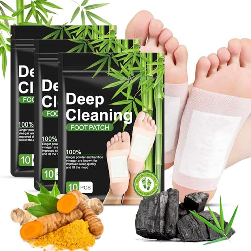 Foot Pads (30 PCS), Natural Bamboo Vinegar Ginger Powder Pad, 10 Count (Pack of 3)