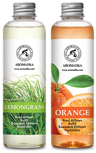 Raumduft Diffuser Nachfüller Lemongrass & ORANGE 400ml - 2x200ml - Nachfüller Set für Duftdiffusor - Reed Diffuser Refill - Raumbeduftung - Zimmerduft - Diffuser Nachfüllen - Raumluft