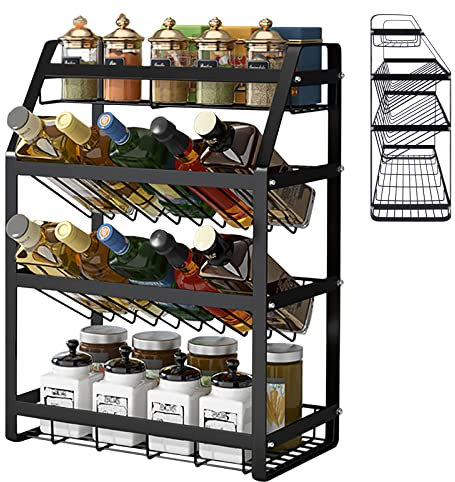 AufuN Gewürzregal, Küche Gewürzhalter mit 4 Etagen Metall Regal, 45 Grad geneigtes vom Küchenregal Etagenregal, Küchen Organizer für Gewürzflaschen Gläser Ölflaschen Speisekammer Lagern(Tye A)