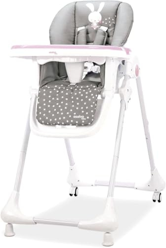 Trona CHEF con Ruedas para Bebé – Altura y Respaldo Reclinables, Bandeja Doble Extraíble, Arnés 5 Puntos, Plegado Compacto, Textil Lavable – Conejito Rosa Asalvo
