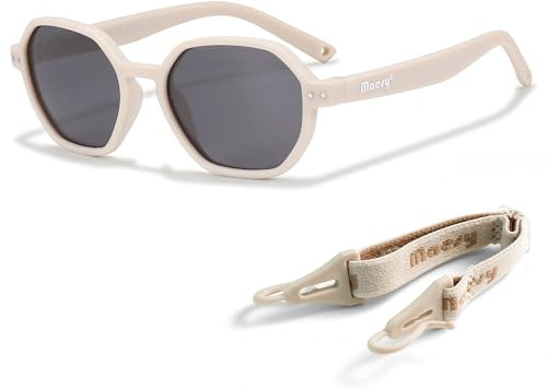 Maesy Occhiali da Sole Bambino 1-3 Anni - Lenti Polarizzate UV400 Categoria Filtro 3 - Montatura Flessibile con Fascia Regolabile - Design Esagonale, Sicuri e Confortevoli - Yana, Beige Ecru