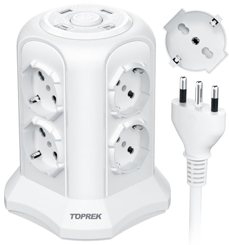 TOPREK Regleta Vertical con 8 Tomas Universales ITA 10/16A y Schuko y 2 USB C y 2 USB A (USB-C1 20W PD3.0 Carga Rápida), 4000W/16A, Regleta con Interruptor, Cable de 2M, Enchufe 16A, Blanco