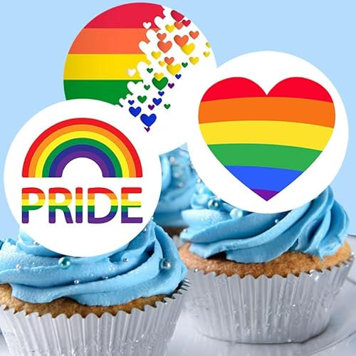 Anglesit 24 x Pre-Cut Pride 3 Edible Stand up Wafer/Rice Paper Cupcake Cake Dessert Toppers LGBTQ Party Rainbow Flag Decorations (Pride 3)