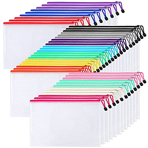 EOGRFW 42 Stück Dokumententasche A4, Datei Taschen, 14 Farben | Mit Reißverschluss, Bunte Mesh Reißverschlusstasche Für Datei,Wasserdichte Dokumententasche for Dokumente, Papier, Kosmetik