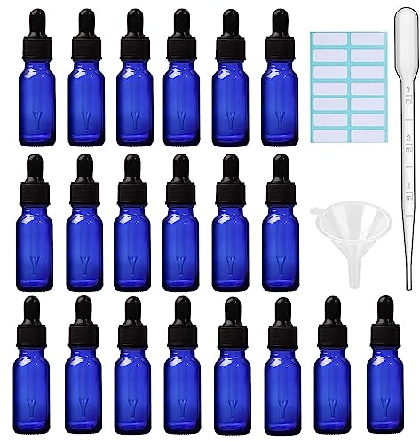 SKYPRO 20 Stück blaue Glas-Tropfflaschen mit 1 Trichter & 1 Pipette & 14 Stück/Blatt kleine Flaschenaufkleber 15 ml Glasflaschen für ätherische Öle, Flüssigkeiten