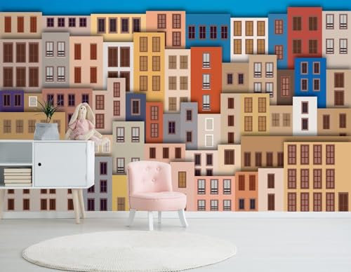 Honony Anpassen 3D Tapete Wandbilder Cartoon Haus Kinder Tapete Bunte Gebäude Große Tapete Wandbilder für Wände Wohnzimmer, Schlafzimmer Dekoration 150x105cm
