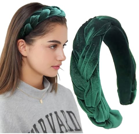 LEBENSWERT Haarreif Samt Geflochtener Haarreifen Damen Trachten Haarreif breit Vintage Harrband Mode Stirnbänder für Frauen (Dunkelgrün)