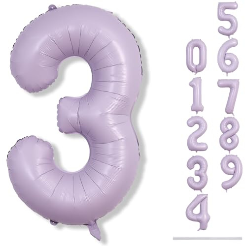 Large Dusty Pastel Purple 3 Balloons, 40 Inch Giant Light Purple Helium Mylar Foil Globos Number, Self Inflating 3rd Birthday Balloon for Women Three Anniversary Party Decorations Supplies