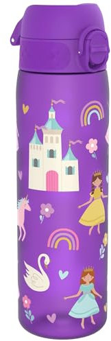 Ion8 Water Bottle, 500ml/18oz, Slim Leak-proof & BPA-Free Drinking Bottle, Secure Lock Prevents Spills, Dishwasher Safe, Carry Handle, Ideal for Adults & Kids - Travel, Gym & School, Purple, Princess